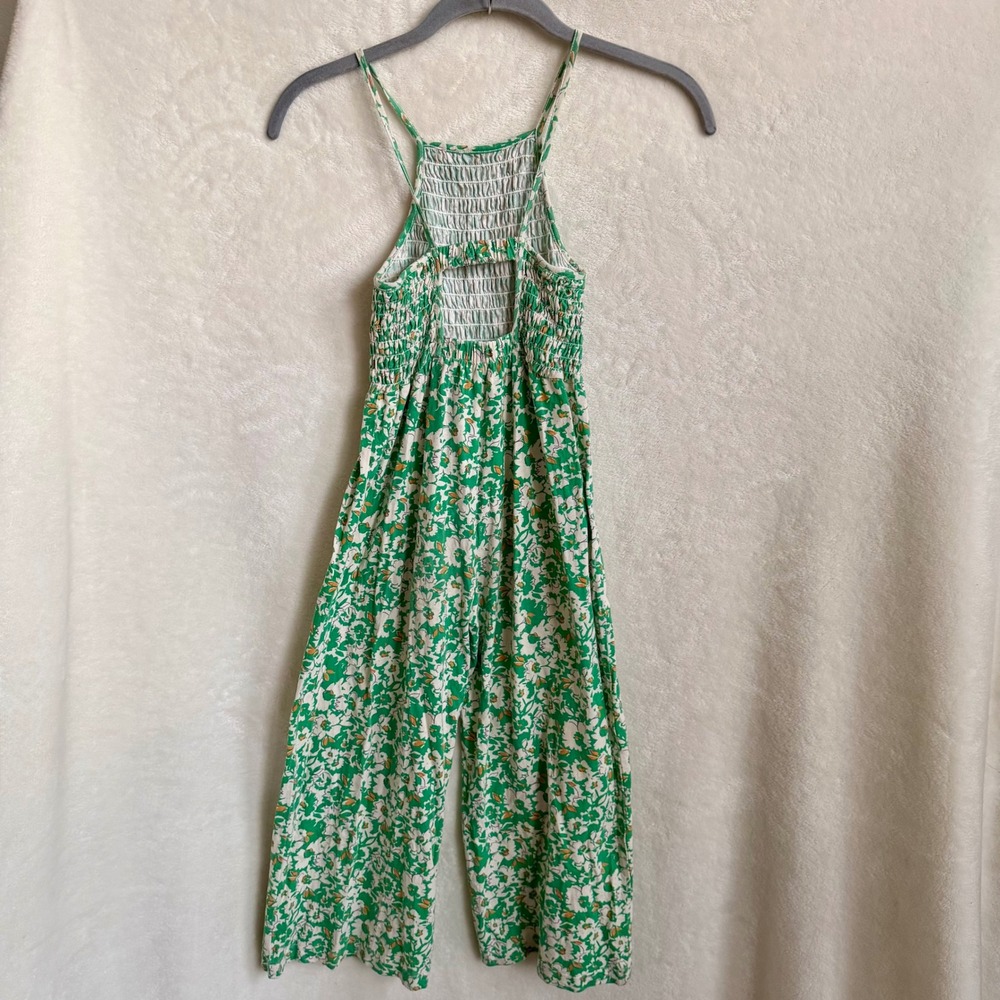 Zara Green Floral Smocked Cotton Wide Leg Spaghetti Strap Jumpsuit Girls Sz 8 - Picture 3 of 8